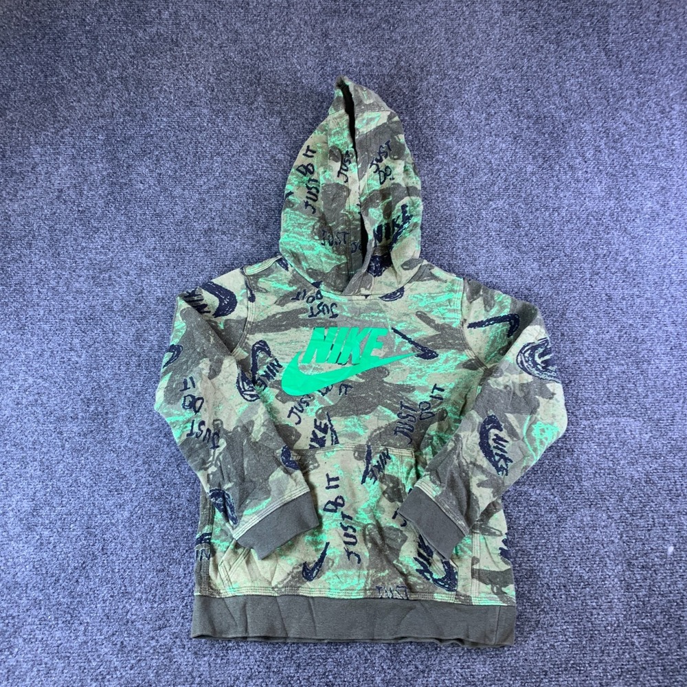Nike Hoodie Boys Small Green Good Camo Logo Pullover DM2373-355